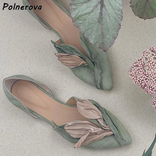 Green Pink Bud Pumps Flat Pleated Gradient Flower Mid Empty Genuine Leather Dress Shoes Elegant Women's Lovely Pumps 2025