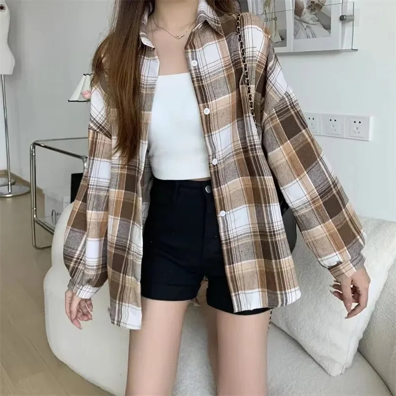 Plaid Shirt Women Autumn Long Sleeve Top Female Vintage Fashion Single Breasted Blouse Ladies Preppy Style Loose Check Shirts