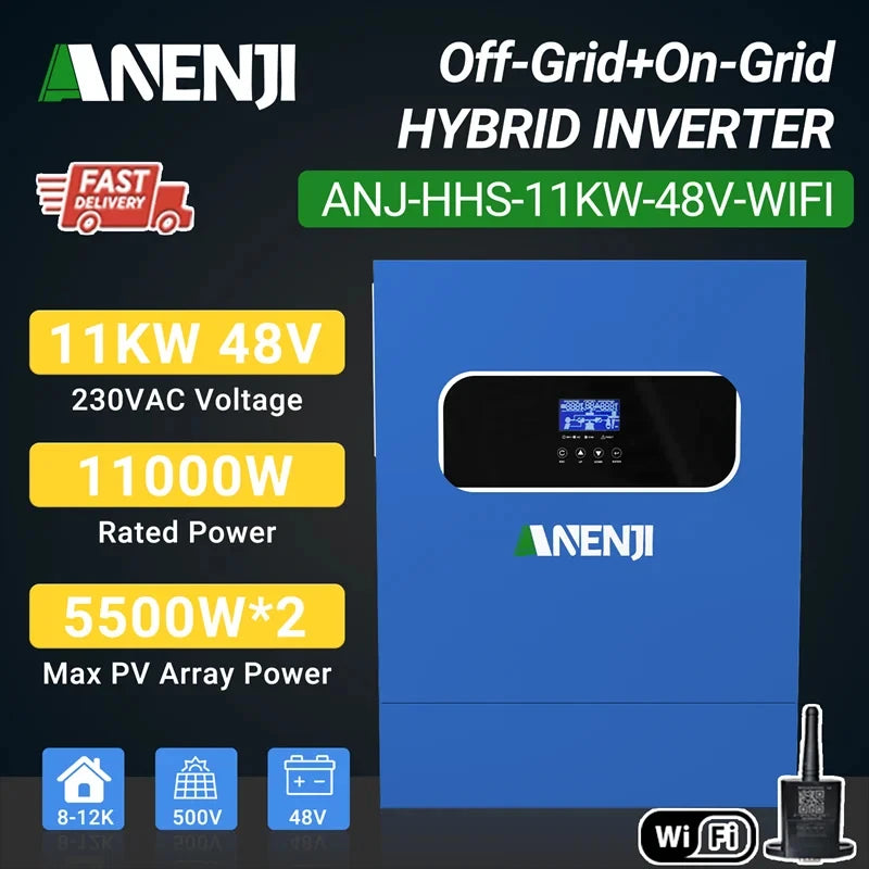 11KW Hybrid Solar Inverter MPPT Pure Sine Inverter 48V Off/On Grid Inversor PV 500V Dual Outputs Built-in 150A Charger