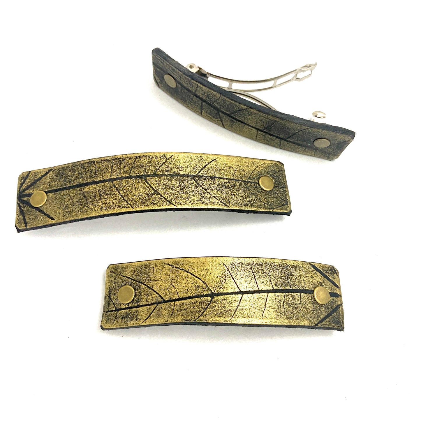 Rustic Gold Oak Leaf Imprint Hair Clip / Leather Barrette-4