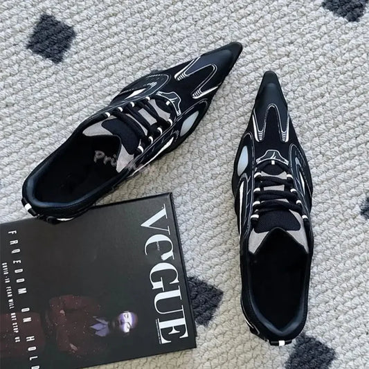 Sporty Ballet Casual Lace-up Sneaker Mesh Pointed Toe High Heels Women Stilettos Pumps Sexy Black Silver Girl Shoes Spring New