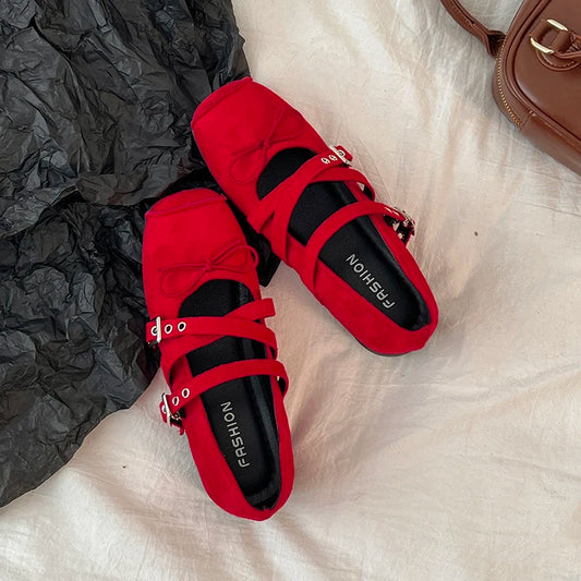 New Butterfly-knot Women Mary Jane Shoes Elegant Square Toe Dress Ladies Casual Internal Elevation Ballet Shoes