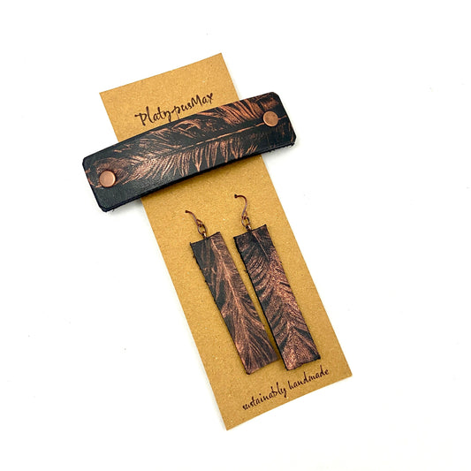 Copper Feather on Black Leather Barrette and Earring Gift Set-1