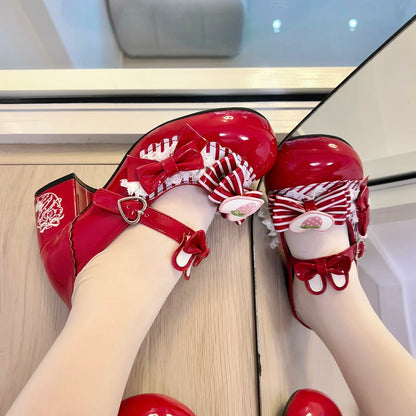 Original Sweet Strawberry Bow Cute Girl Lolita Shoes 2025 New Kawaii Princess Mary Jane Shoes Temperament Women's High Heels