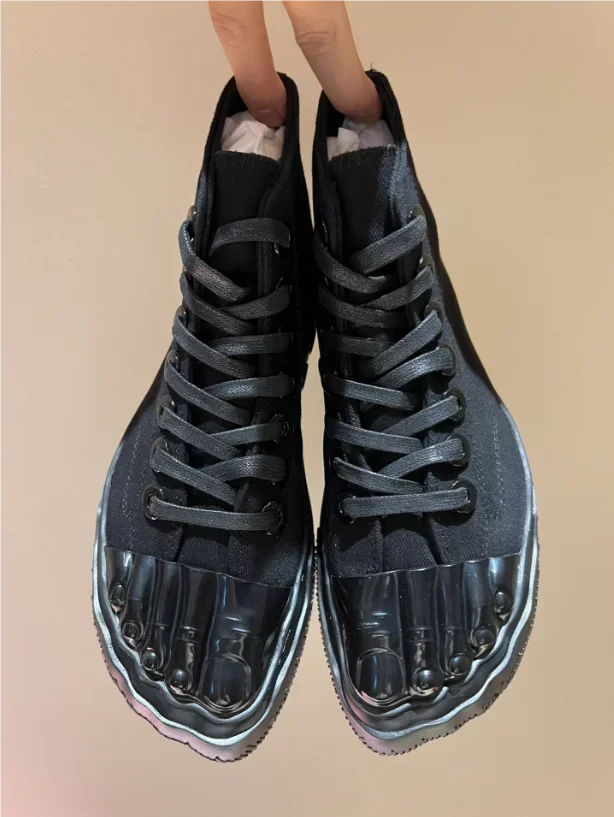 Five Finger Metal Toe Boots Mixed Color High Increase Cross Lace Up Mid Calf Boots Unique Gold Beige Sewing Fashion Women Shoes