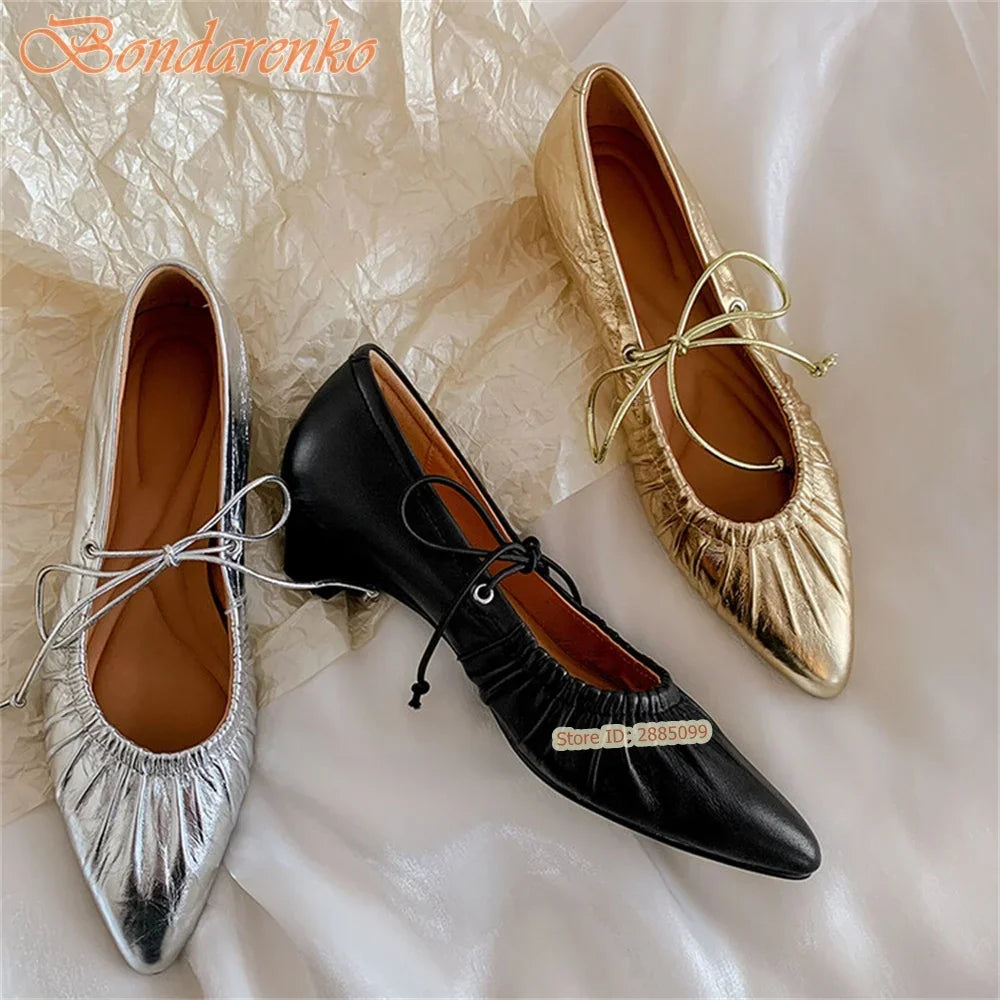 Retro Pleated Pumps Women Sexy Shoes Lace Up Solid Pointy Toe Chunky Med Heels New Style Pumps Summer Casual Shoes Designer