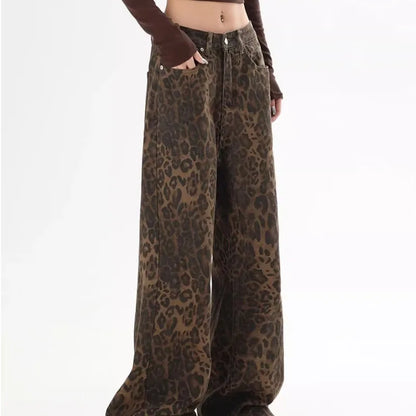 American vintage leopard print jeans female autumn winter new design sense small straight tube overalls casual pants