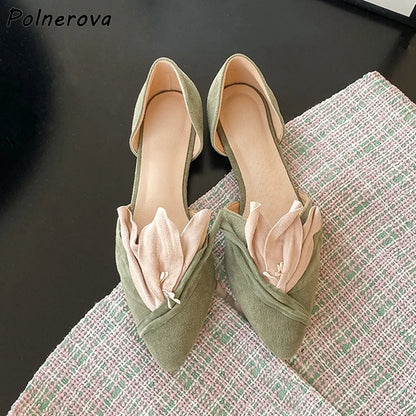 Green Pink Bud Pumps Flat Pleated Gradient Flower Mid Empty Genuine Leather Dress Shoes Elegant Women's Lovely Pumps 2025