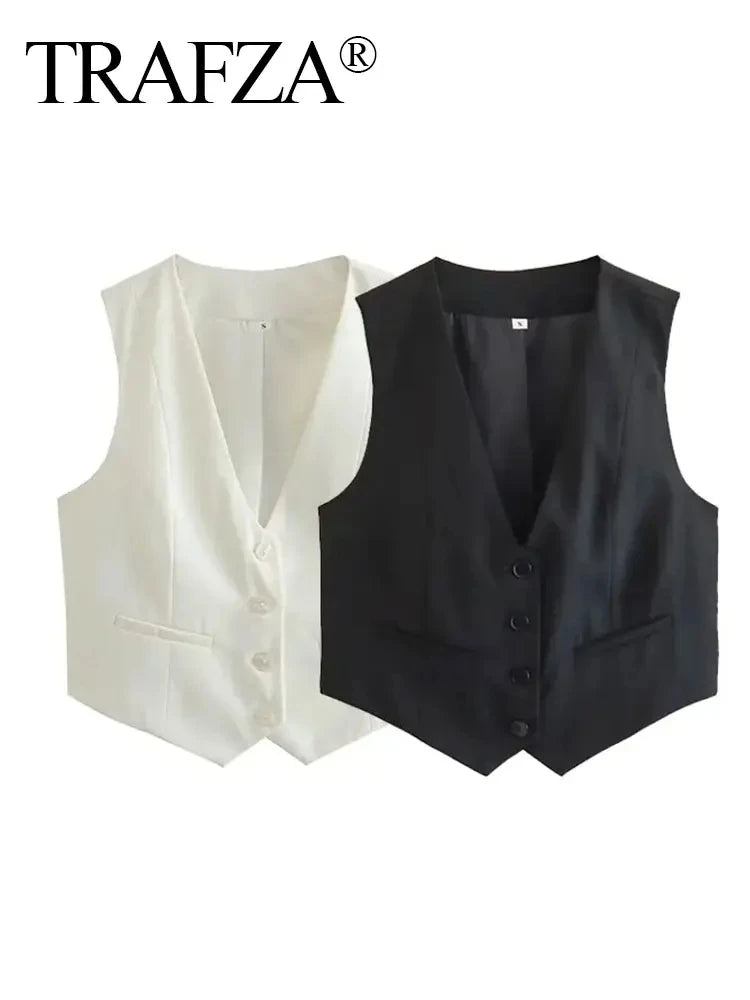 TRAFZA Fashion Women Vest Sleeveless Vests for Women Chic V-Neck Single-Breasted Ladies Elegant White Waistcoat Tops