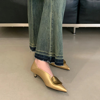 SUOJIALUN 2025 Autumn New Brand Women Pumps Shoes Fashion Gold Metal Shallow Slip On Single Shoes Thin Low Heel Dress Pumps