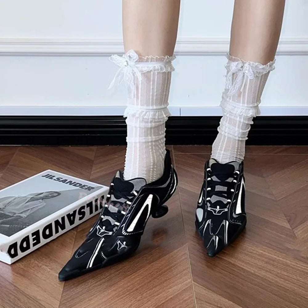 Sporty Ballet Casual Lace-up Sneaker Mesh Pointed Toe High Heels Women Stilettos Pumps Sexy Black Silver Girl Shoes Spring New