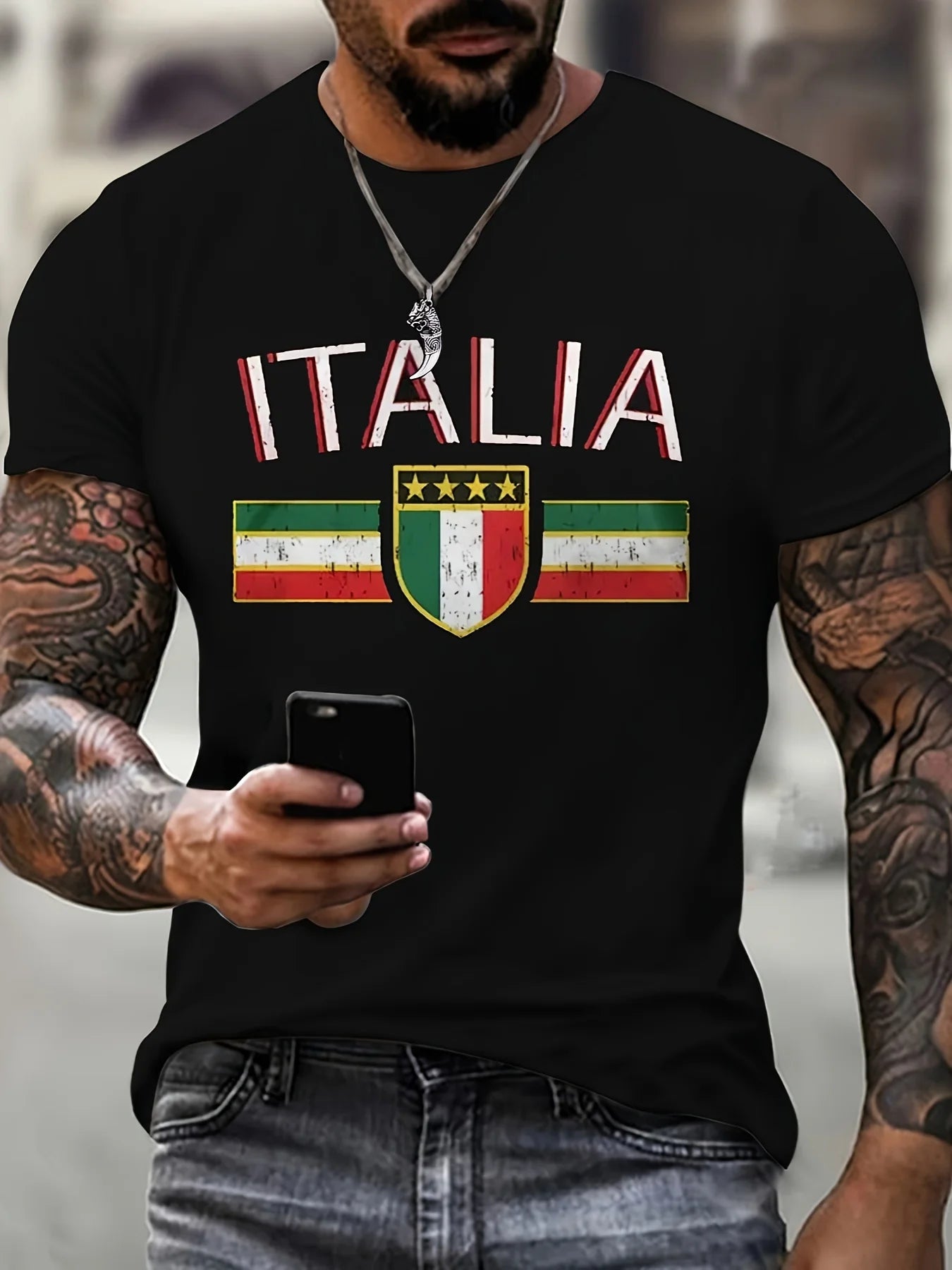Short Sleeve Men s ITALIA Graphic Print Crew Neck T-shirt for Summer Outdoor