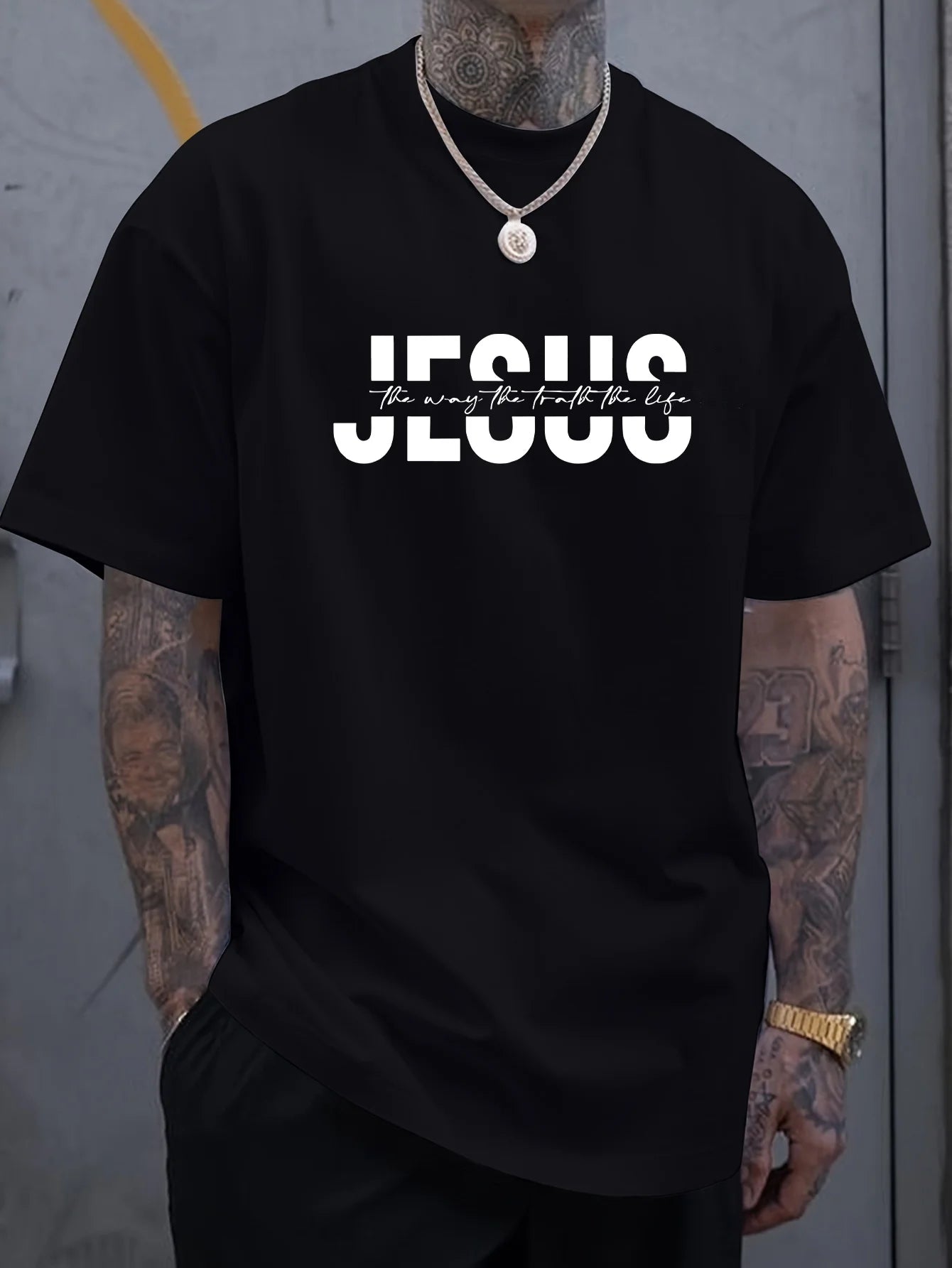 Men's 100% Cotton Crew Neck T-Shirt with "JESUS" Print, Casual Sports Style, Breathable Knit Fabric