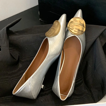 Female Slip On Footwear With Low Heel Shoes For Women New In Summer Spring Pointed Toe Fashion Metal Ladies Heeled Shoes