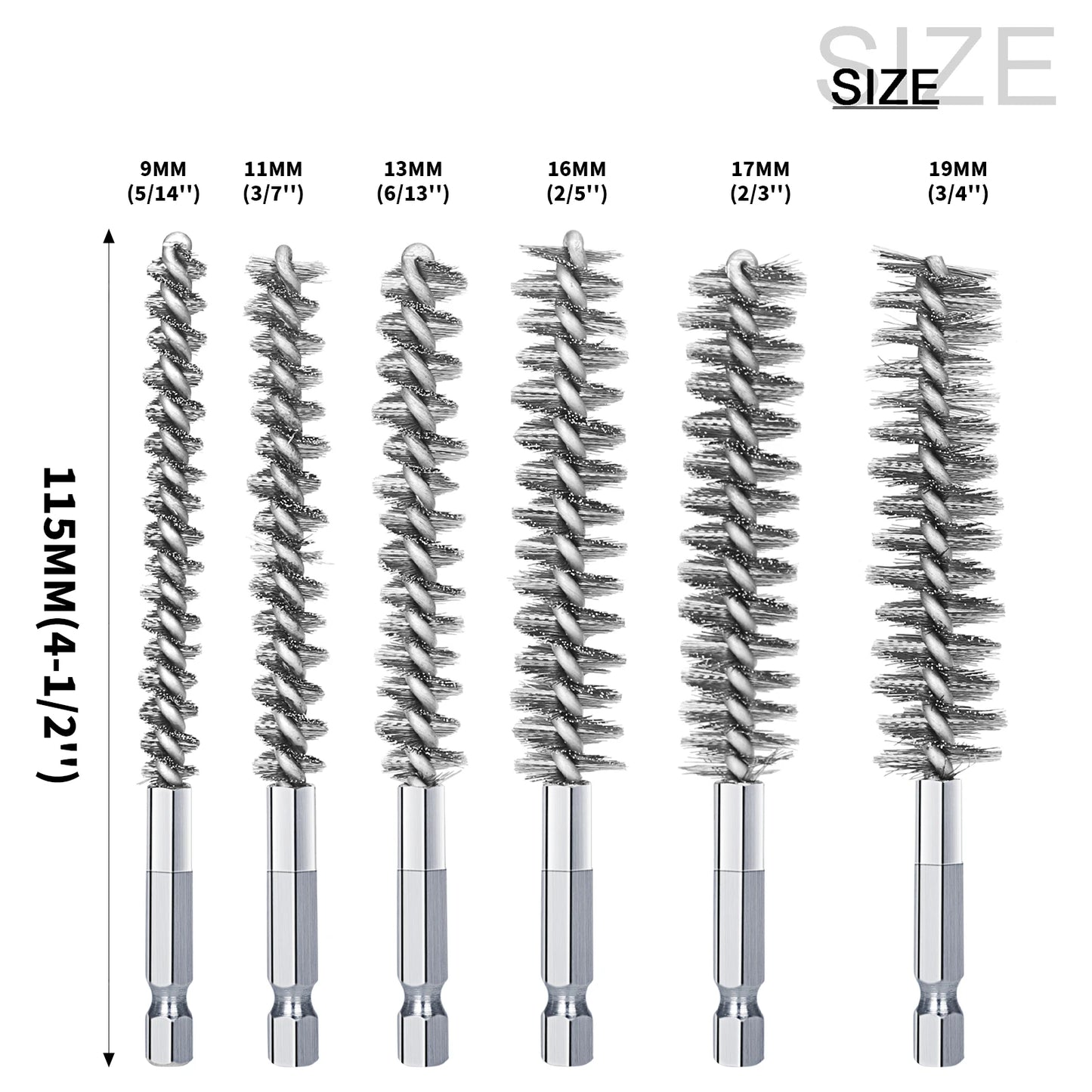 Wire Brush Drill Bore Cleaning Brush 1/4 " Hexagonal Handle Stainless Steel Brush for Anti-rust Cleaning of Pipe Ports 8-19mm