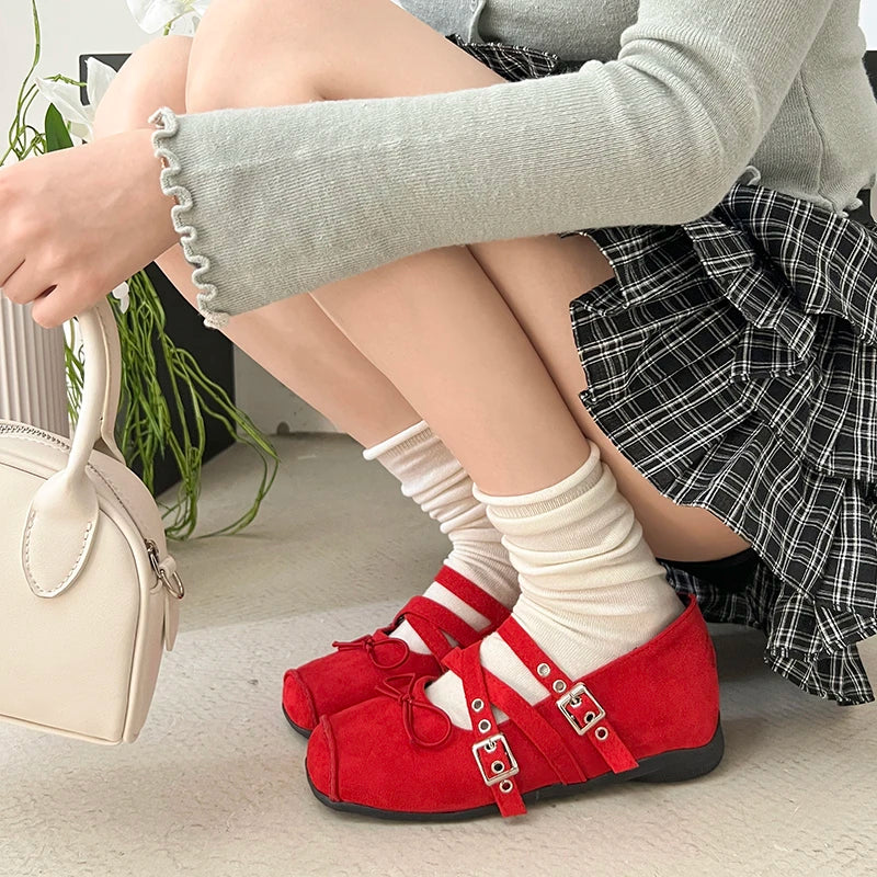 New Butterfly-knot Women Mary Jane Shoes Elegant Square Toe Dress Ladies Casual Internal Elevation Ballet Shoes