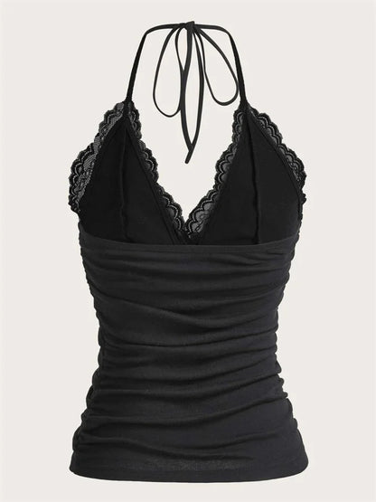 Goth Grunge Punk Black Lace Patchwork Halter Top Women Summer Solid Ruched Backless Sleeveless Tank Top Streetwear Y2K Clothes
