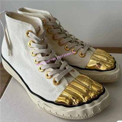 Five Finger Metal Toe Boots Mixed Color High Increase Cross Lace Up Mid Calf Boots Unique Gold Beige Sewing Fashion Women Shoes