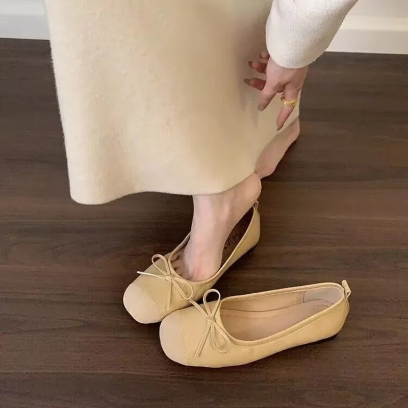 Autumn New Square Toe Shallow Mouth Bow Soft Sole Non-slip Wear-resistant Square Heel Shoes Low Heel Single Shoes