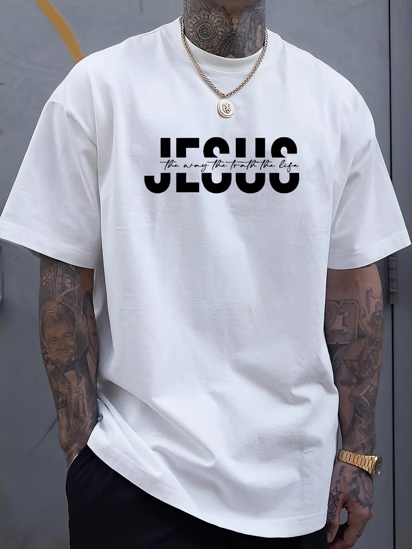 Men's 100% Cotton Crew Neck T-Shirt with "JESUS" Print, Casual Sports Style, Breathable Knit Fabric