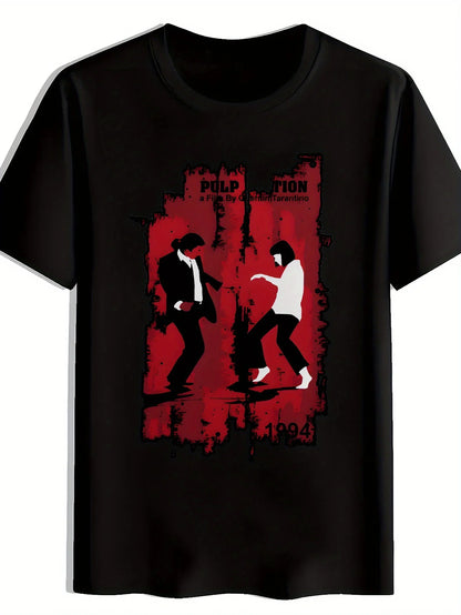 Men's Black Graphic T-Shirt - Pulp Fiction Inspired Design, Casual Crew Neck, Short Sleeve, Summer Polyester Tee