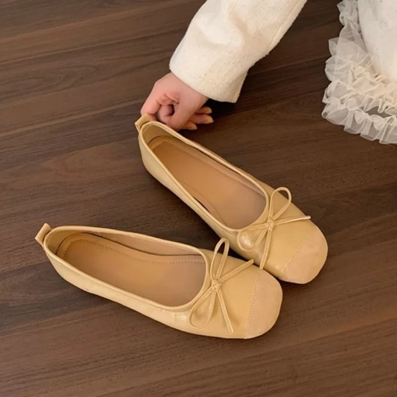 Autumn New Square Toe Shallow Mouth Bow Soft Sole Non-slip Wear-resistant Square Heel Shoes Low Heel Single Shoes