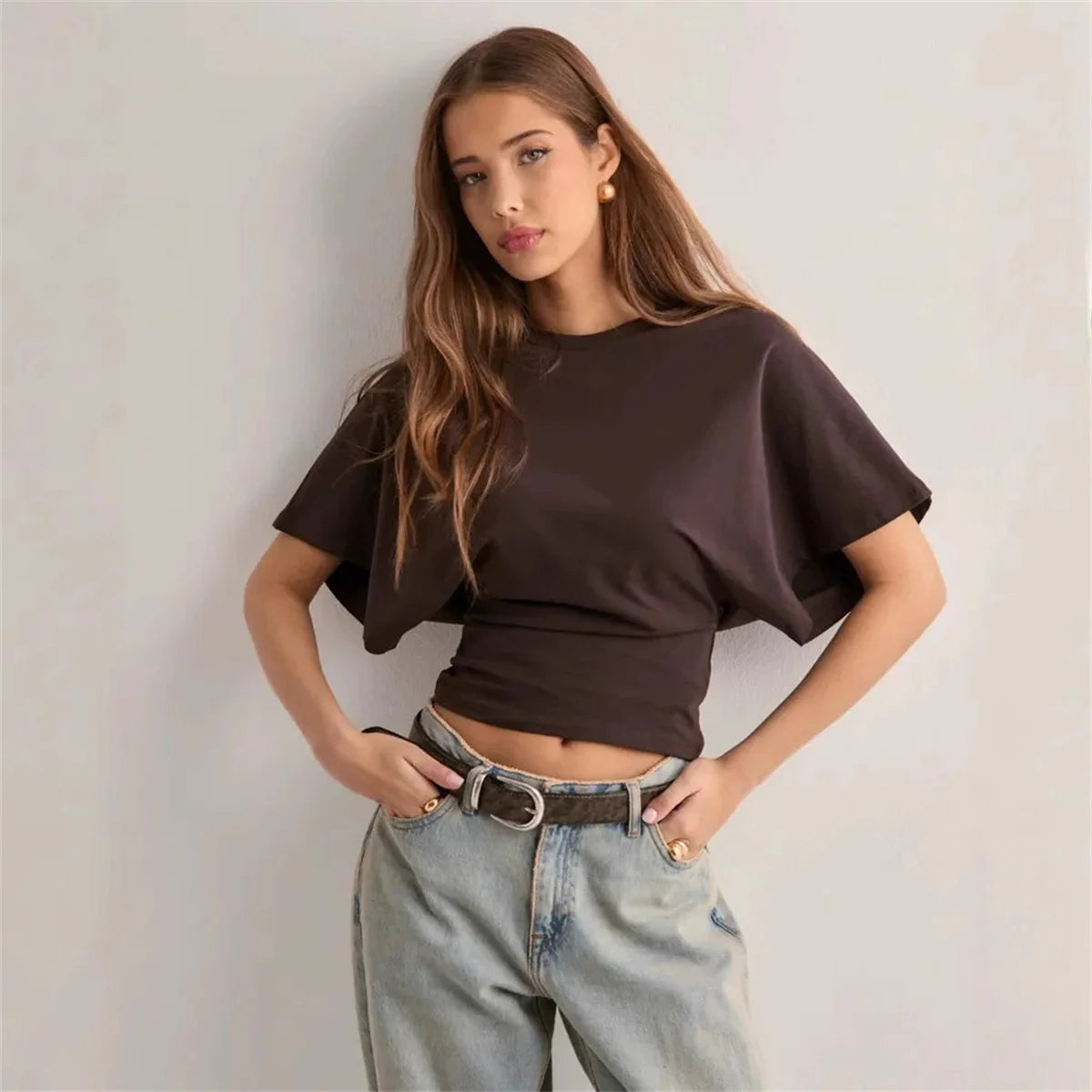 Women's Summer Loose Half Sleeve T-Shirt Tops O-Neck Waist Slimming Sweet Hottie Design Sense Positive Shoulder Chic Tees Top