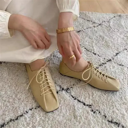 2025 Spring Square Toe Cross Straps Flat Shoes Shallow Lace-Up Office Outdoor Shoes Solid Color Fashion Ladies Casual Shoes