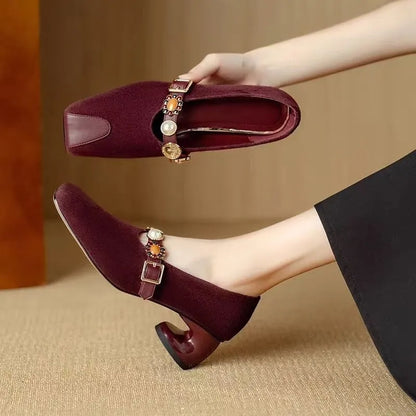 2025 Spring and Autumn New Low Heel Shallow Mouth Round Toe Soft Face Retro Wear-resistant Outside Women's Shoes