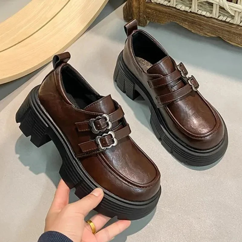 Women's Leather Shoes with High and Low Heels, Fashionable and Versatile New High-quality Retro-style Shoes with A Single Heel