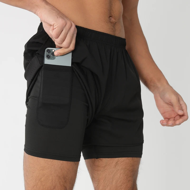 Men's Running Shorts Quick-drying Fitness Black Double Layer Shorts Men New Sport Workout Training Bodybuilding Short Pants