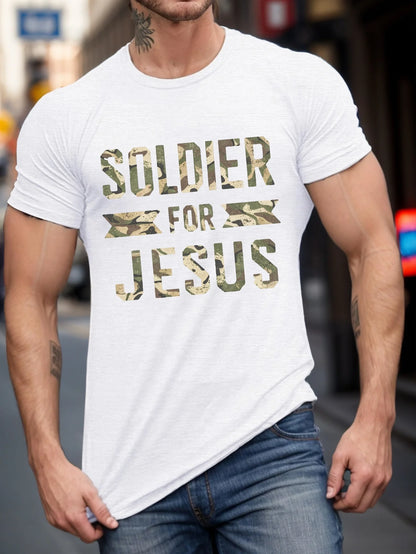 Men's "Soldier for Jesus" Camo Print T-Shirt - Casual Black Short Sleeve Tee with Golden & White Lettering