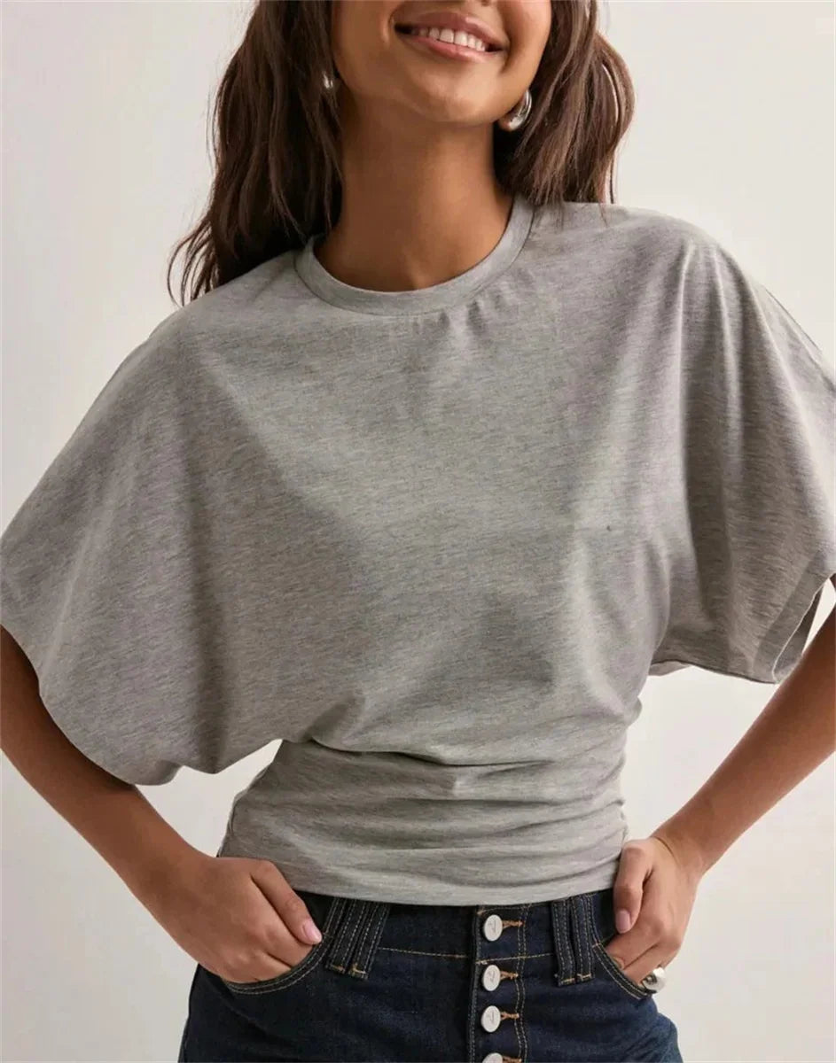 Women's Summer Loose Half Sleeve T-Shirt Tops O-Neck Waist Slimming Sweet Hottie Design Sense Positive Shoulder Chic Tees Top