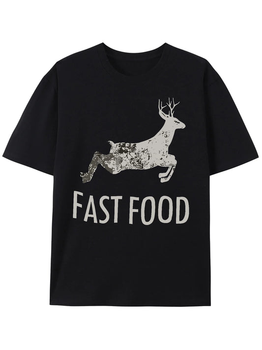 [Fast Food Graphic Tee Shirt] Funny Deer Hunting Tee - Men's Short Sleeve Graphic T-Shirt with Fast Food Print - Humorous Gift