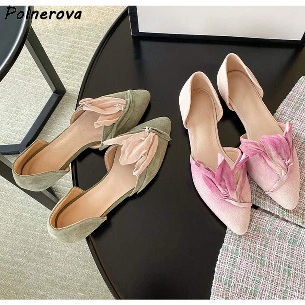 Green Pink Bud Pumps Flat Pleated Gradient Flower Mid Empty Genuine Leather Dress Shoes Elegant Women's Lovely Pumps 2025