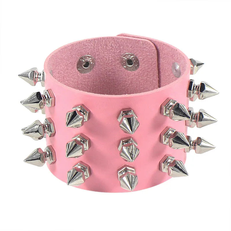 2024 Pu Leather Studded Bracelet Choker Punk Spike Rivets Cuff Black Wristband Adjustable Cuff Bangle