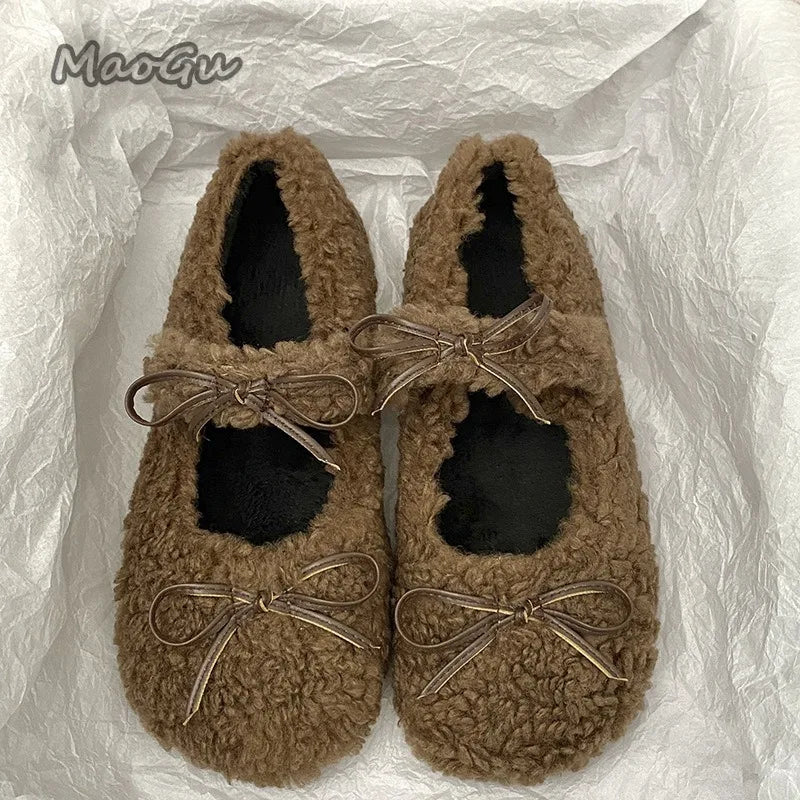 Autumn Winter Short Plush Low Heel Pumps Women's Fur Cozy Round Toe Loafers Sweet Comfortable Outwear Ballet Flats Size 35 40