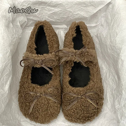 Autumn Winter Short Plush Low Heel Pumps Women's Fur Cozy Round Toe Loafers Sweet Comfortable Outwear Ballet Flats Size 35 40