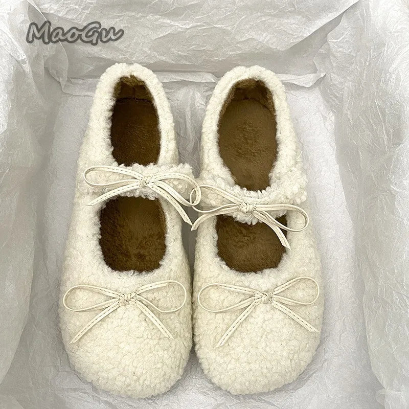 Autumn Winter Short Plush Low Heel Pumps Women's Fur Cozy Round Toe Loafers Sweet Comfortable Outwear Ballet Flats Size 35 40