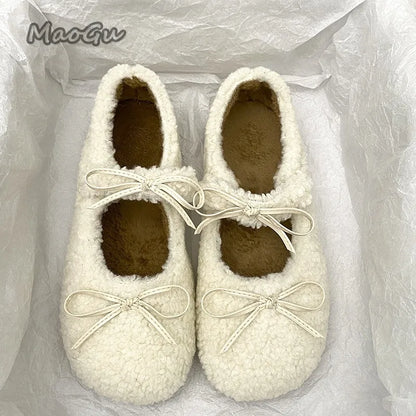 Autumn Winter Short Plush Low Heel Pumps Women's Fur Cozy Round Toe Loafers Sweet Comfortable Outwear Ballet Flats Size 35 40