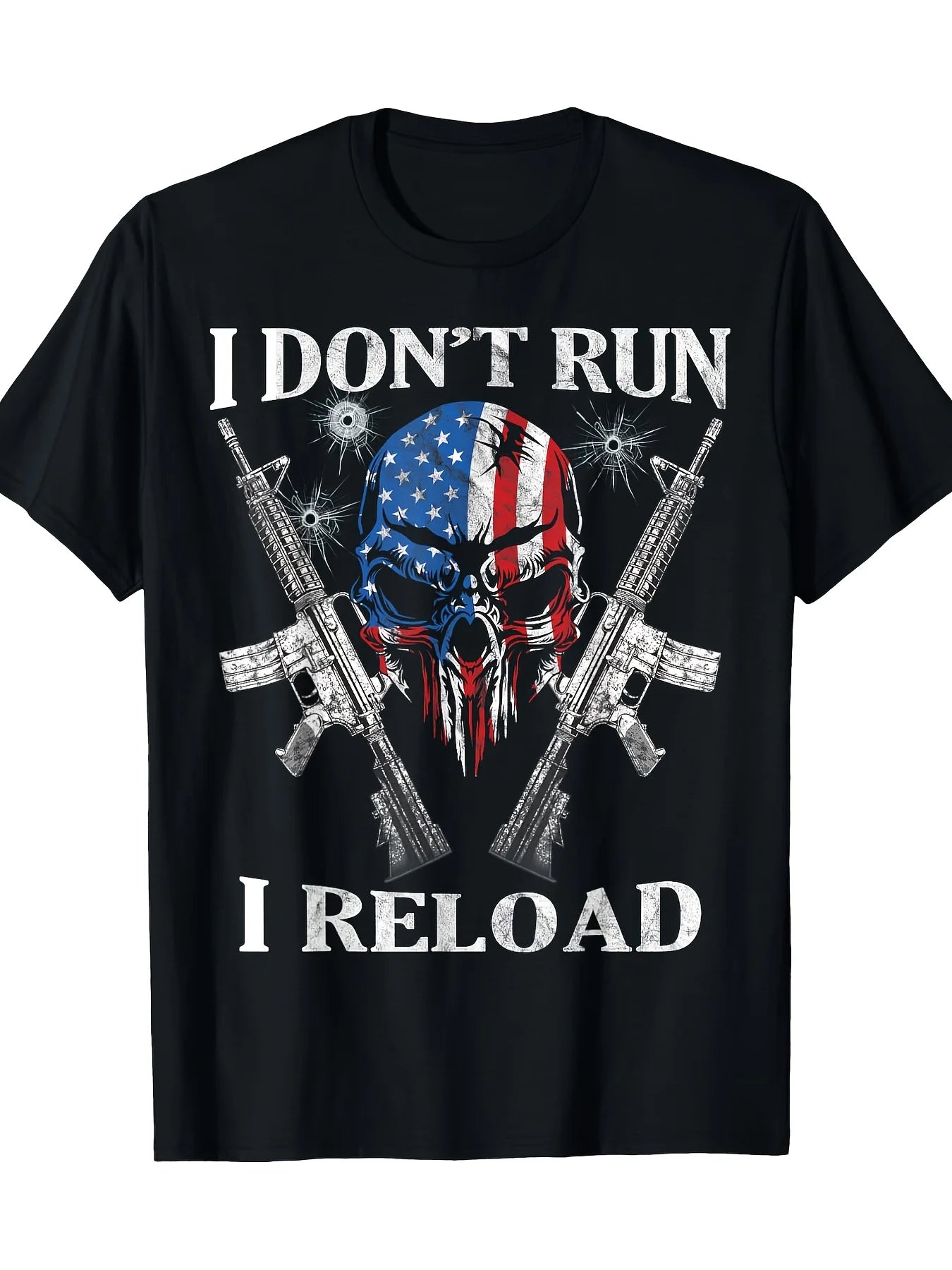 Men's "I Don't Run, I Reload" AR-15 Skull & American Flag T-Shirt - 100% Cotton, Casual Round Neck