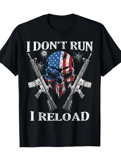 Men's "I Don't Run, I Reload" AR-15 Skull & American Flag T-Shirt - 100% Cotton, Casual Round Neck