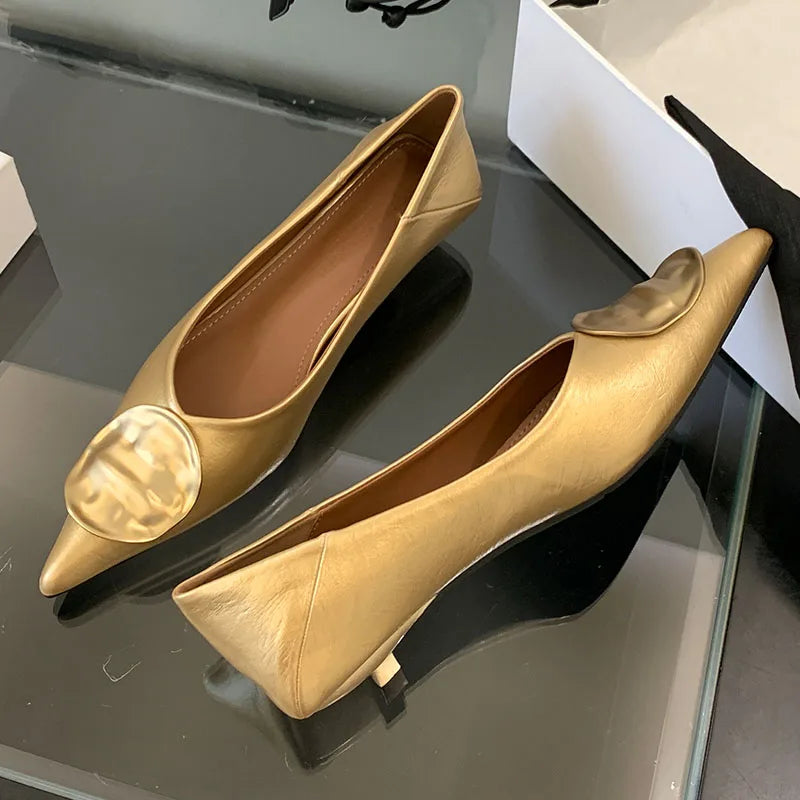 Female Slip On Footwear With Low Heel Shoes For Women New In Summer Spring Pointed Toe Fashion Metal Ladies Heeled Shoes