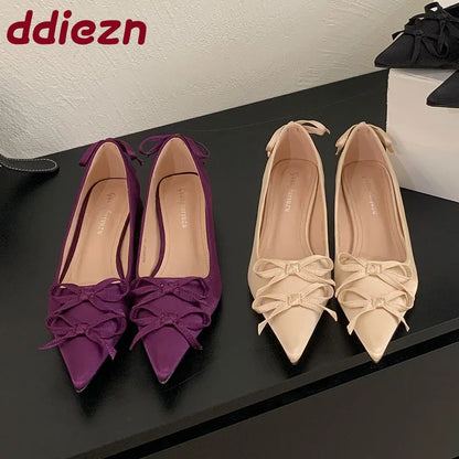 2025 New Fashion Silk Shallow Women Low Heel Shoes Butterfly-Knot Female Slip On Footwear Pointed Toe Ladies Heels Pumps Shoes
