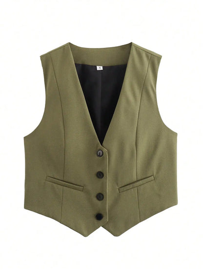 TRAFZA Fashion Women Vest Sleeveless Vests for Women Chic V-Neck Single-Breasted Ladies Elegant White Waistcoat Tops