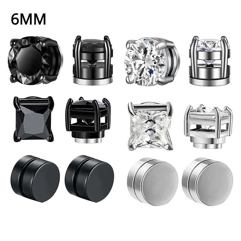 6 Pcset Crystal Strong Magnetic Ear Stud Clip Earrings for Men and Women Punk Round Zircon Magnet Earrings Non Piercing Jewelry
