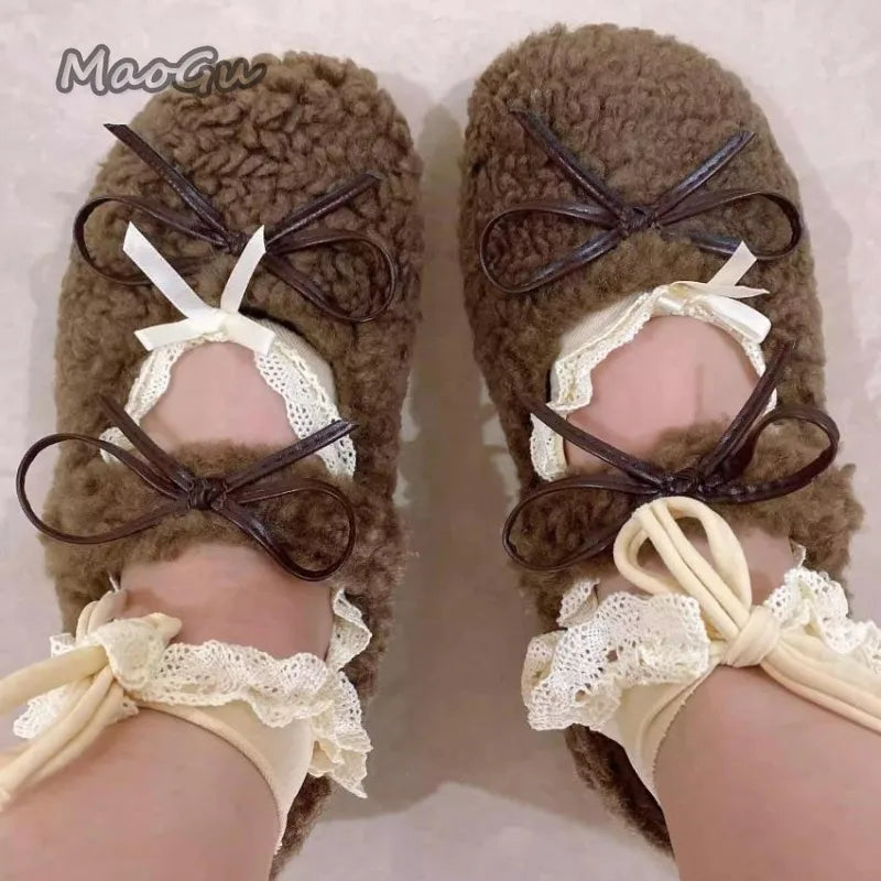 Autumn Winter Short Plush Low Heel Pumps Women's Fur Cozy Round Toe Loafers Sweet Comfortable Outwear Ballet Flats Size 35 40