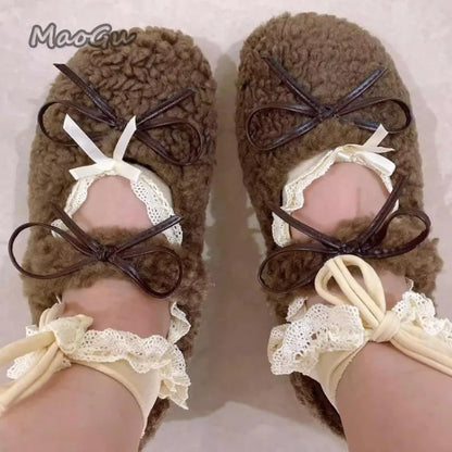 Autumn Winter Short Plush Low Heel Pumps Women's Fur Cozy Round Toe Loafers Sweet Comfortable Outwear Ballet Flats Size 35 40