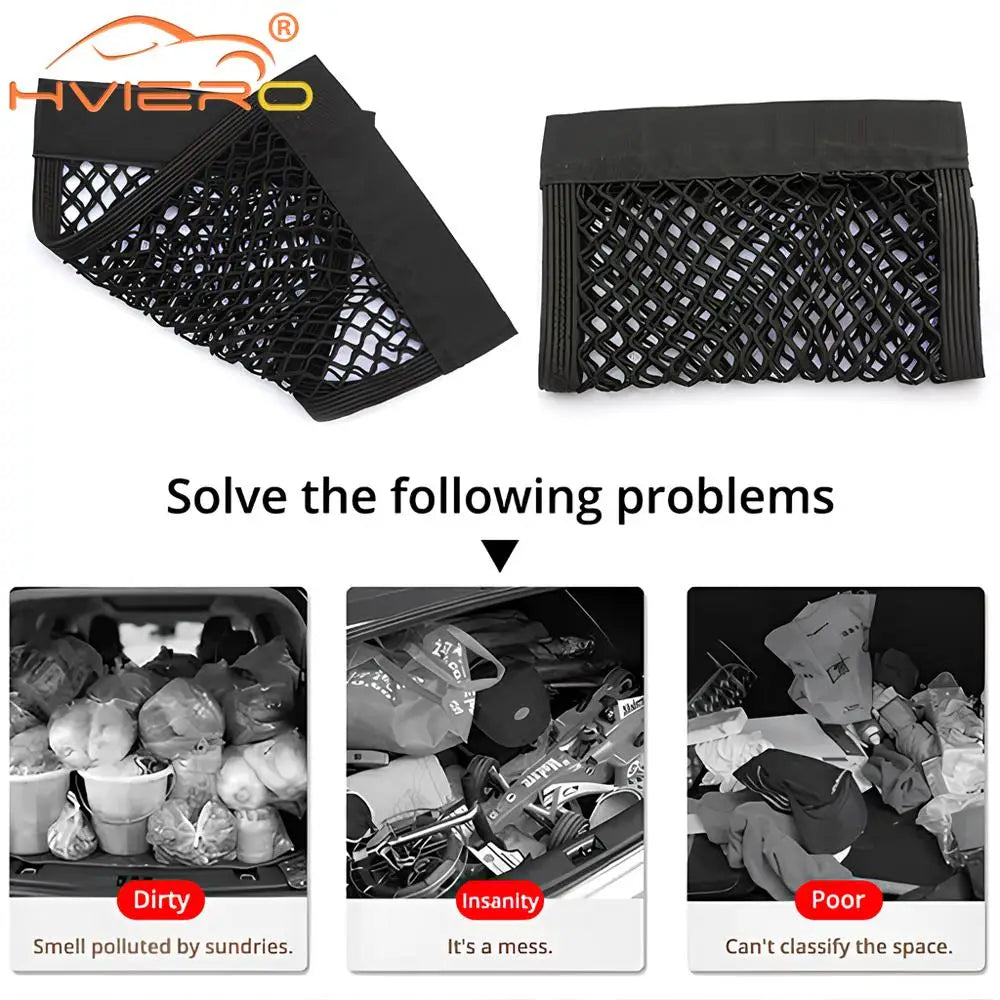Car Back Rear Trunk Organizer Net Mesh Seat Elastic String Magic Sticker Universal Storage Bag Pocket Auto Accessories Put Paper