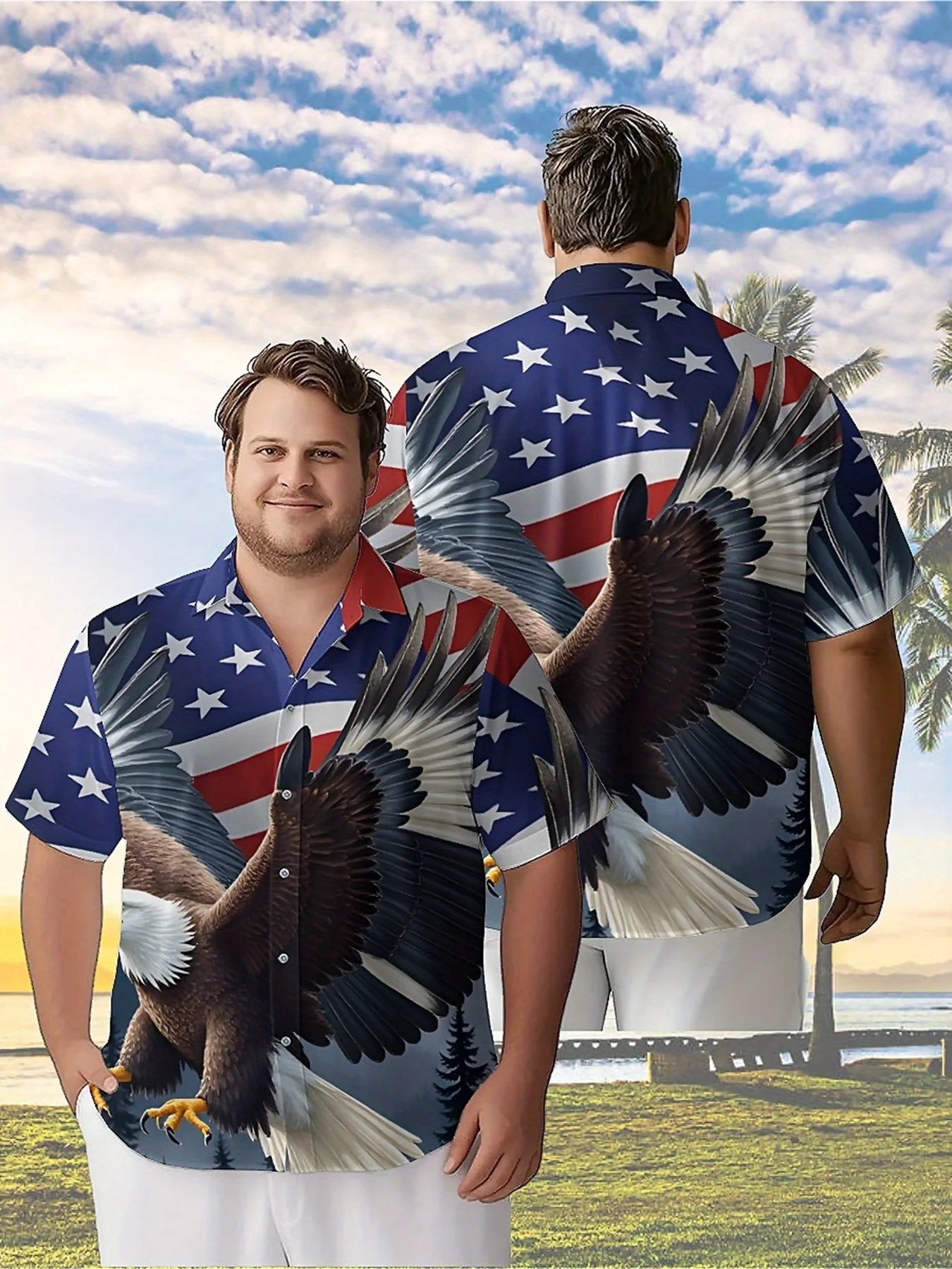 Men's Plus Size Hawaiian Shirts Independence Day Pattern, Button Up Shirts, Unisex Casual Clothing, Summer Tops